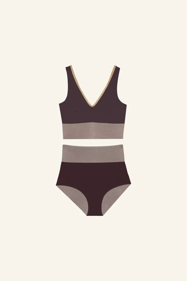 mymarini-yoga-set-shimmer-brown-bikini-set-v-neck-highwaist image 1