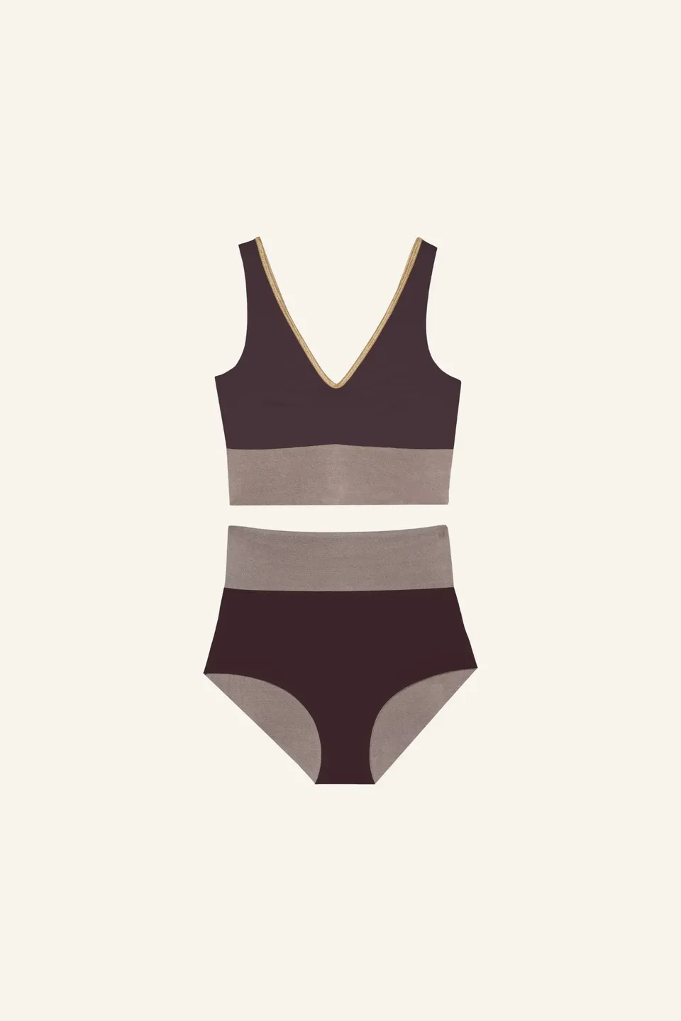 mymarini-yoga-set-shimmer-brown-bikini-set-v-neck-highwaist image 1