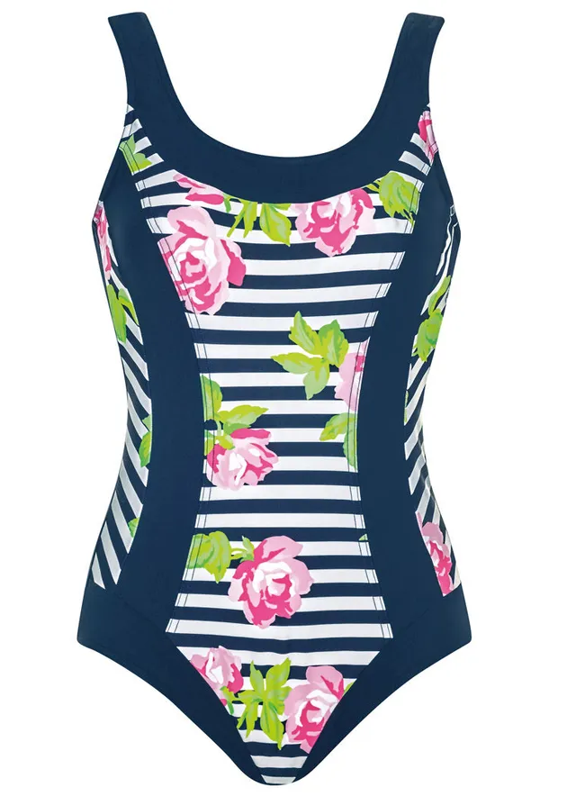 sunmarin-rose-stripes-swimsuit-navy-badeanzug-mit-rosen-print image 1